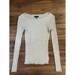 Theory Womens‎ Large Grey Ribbed Lettuce Trim Long Sleeve Tshirt Quiet Luxury